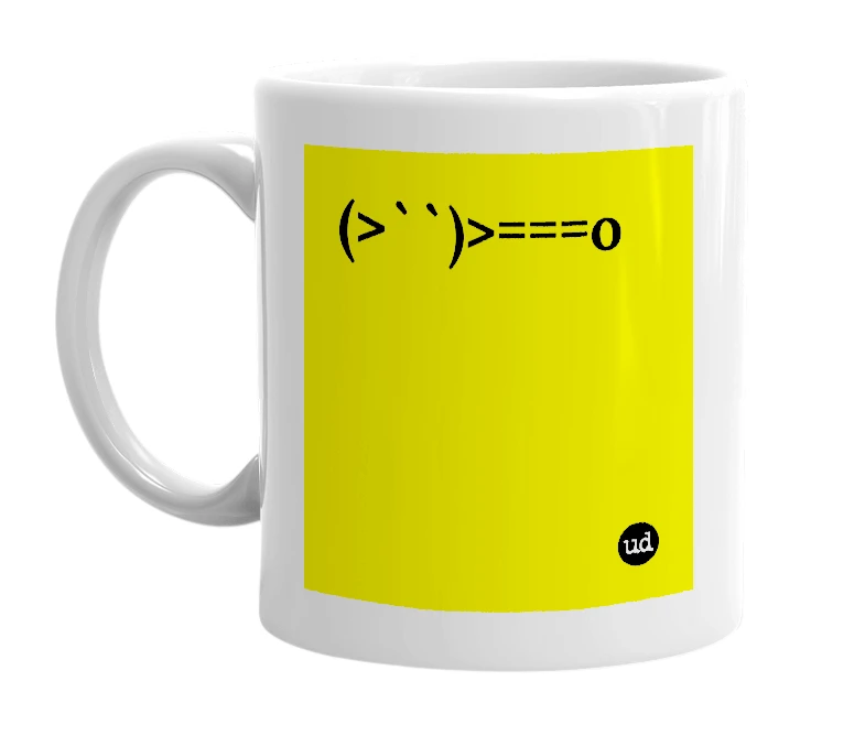 White mug with '(>``)>===o' in bold black letters