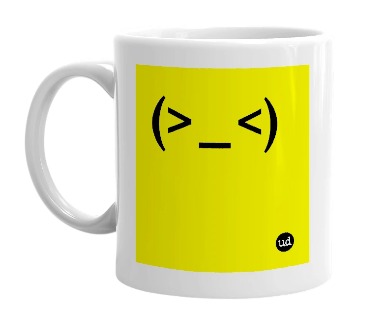 White mug with '(>_<)' in bold black letters