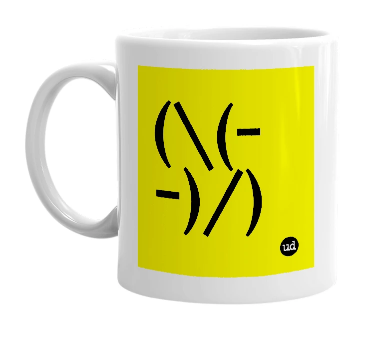 White mug with '(\(- -)/)' in bold black letters