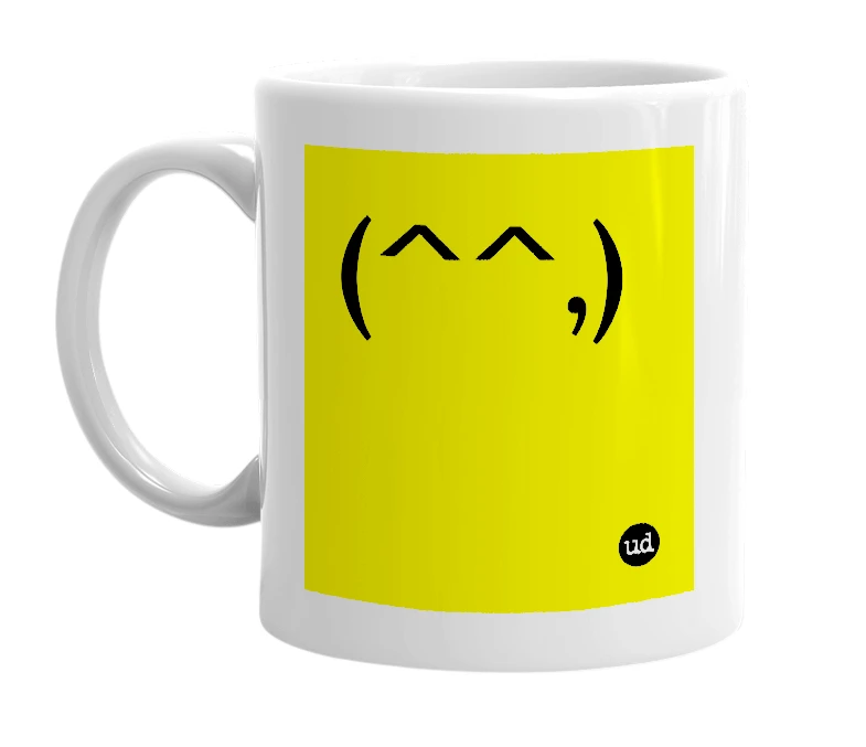 White mug with '(^^,)' in bold black letters