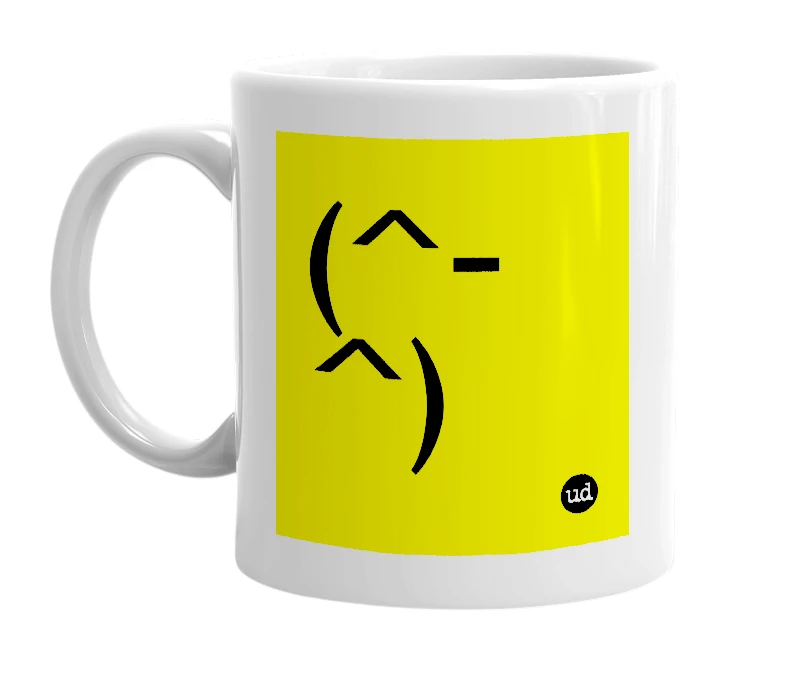 White mug with '(^-^)' in bold black letters
