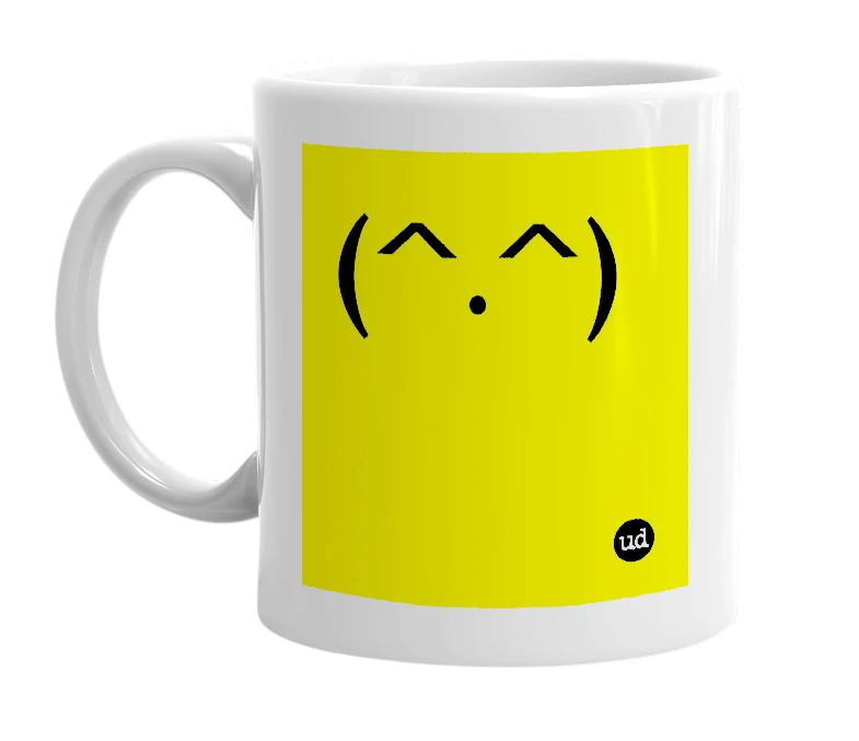 White mug with '(^.^)' in bold black letters