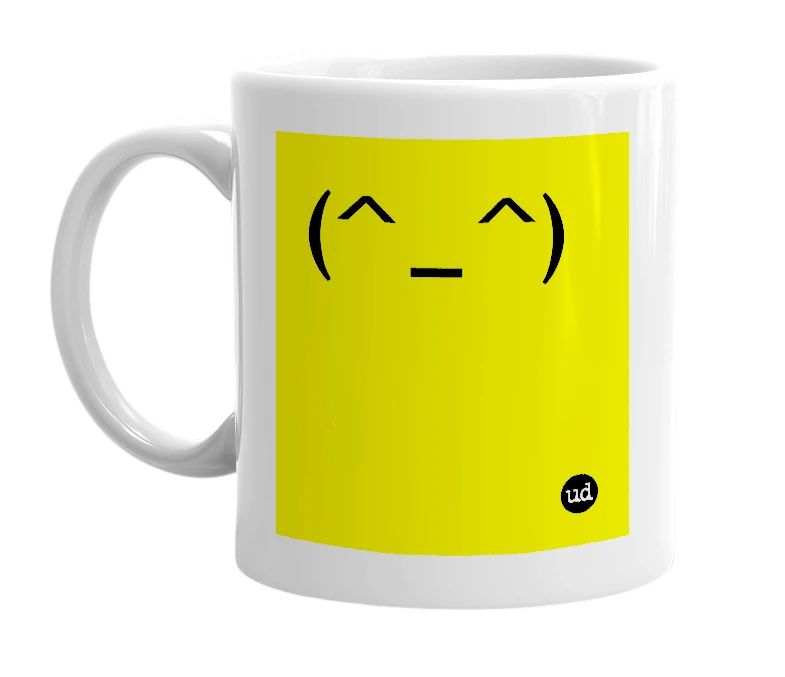 White mug with '(^_^)' in bold black letters