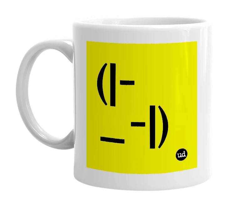 White mug with '(|-_-|)' in bold black letters