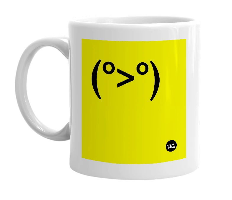 White mug with '(°>°)' in bold black letters