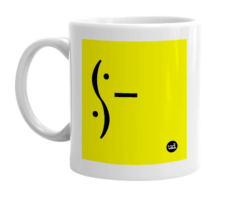 White mug with '(·_ ·)' in bold black letters