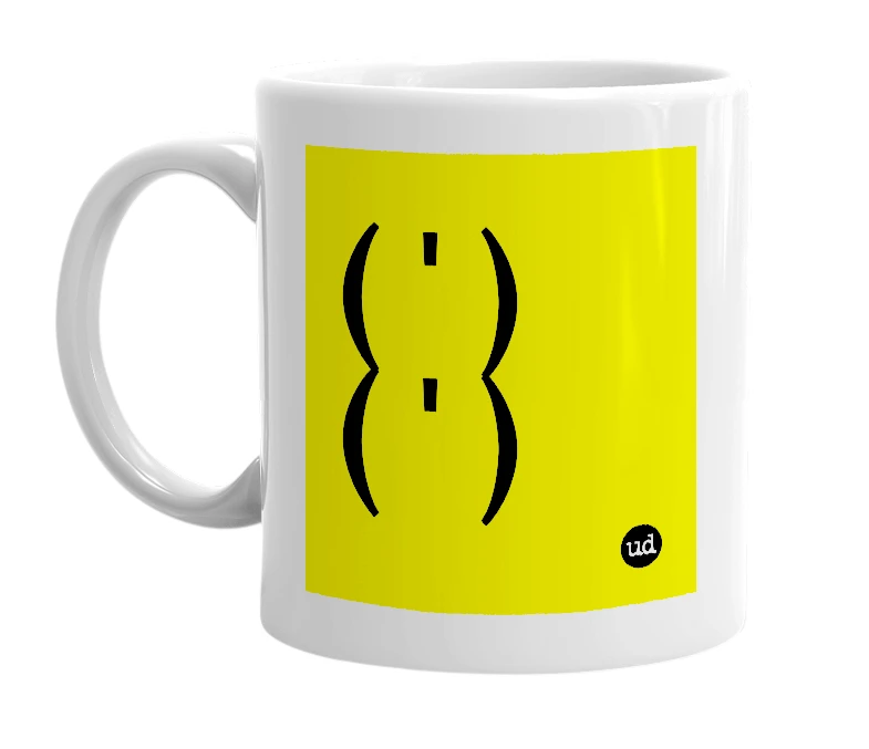 White mug with '( ' )( ' )' in bold black letters