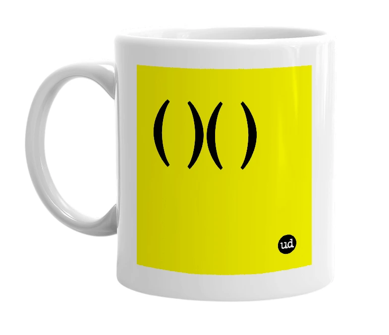 White mug with '( )( )' in bold black letters