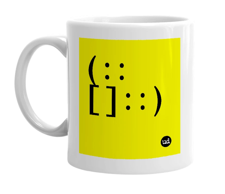 White mug with '( : : [ ] : : )' in bold black letters