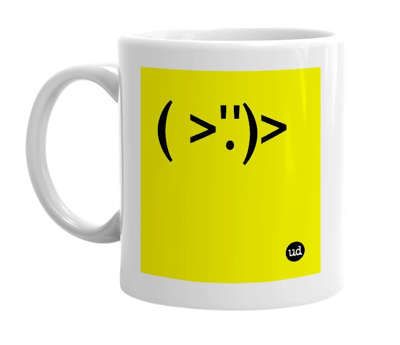 White mug with '( >'.')>' in bold black letters