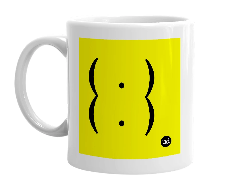 White mug with '(  .  )(  .  )' in bold black letters