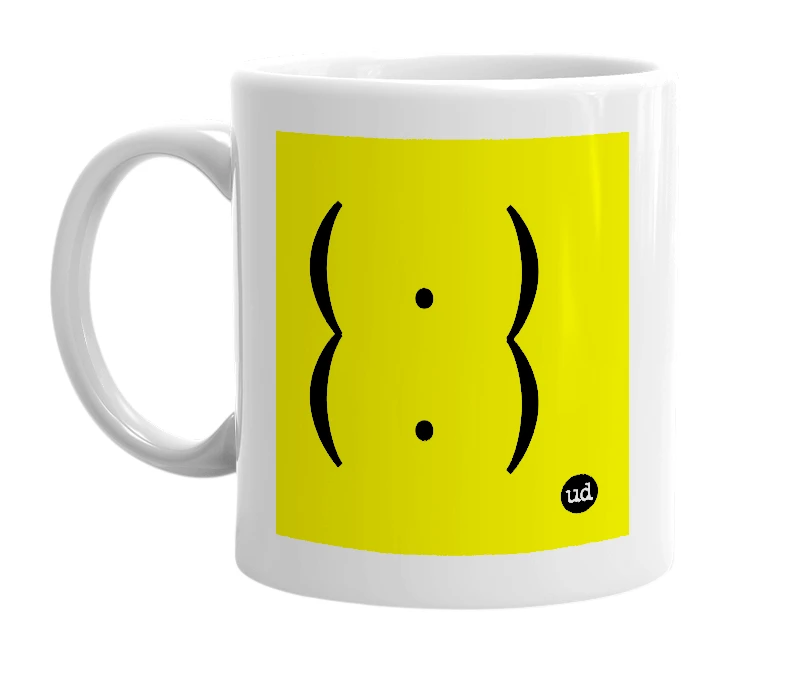 White mug with '(  .  ) (  .  )' in bold black letters