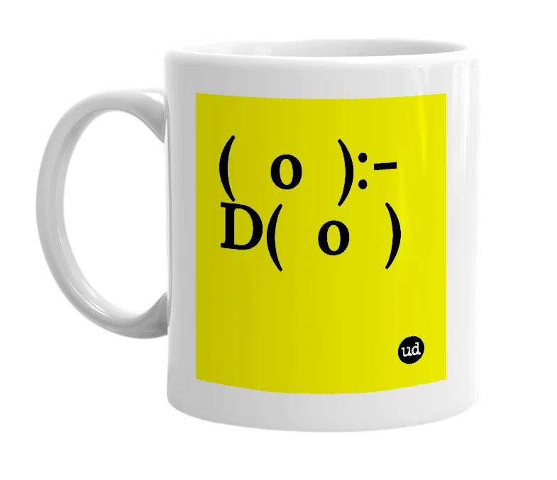 White mug with '(  o  ):-D(  o  )' in bold black letters