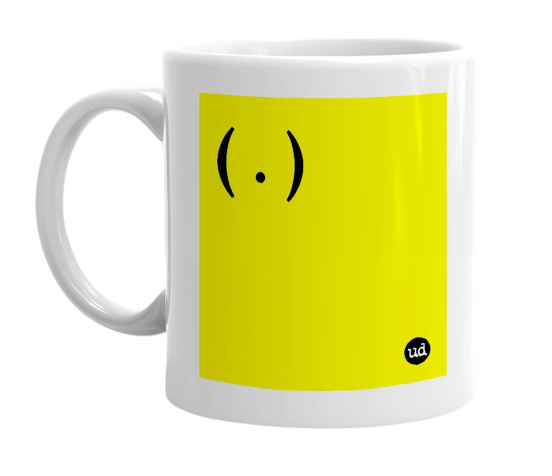 White mug with '( . )' in bold black letters