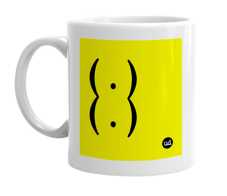 White mug with '( . )( . )' in bold black letters