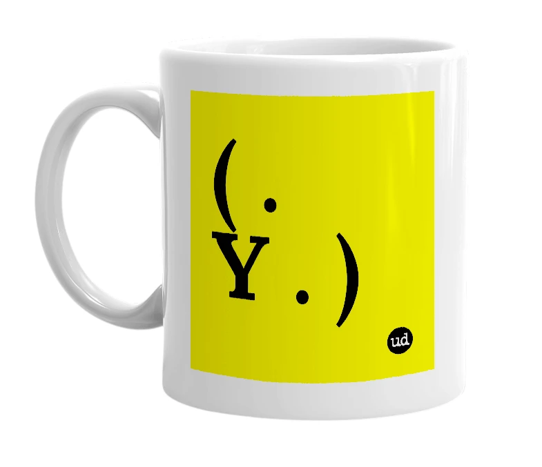 White mug with '( . Y . )' in bold black letters