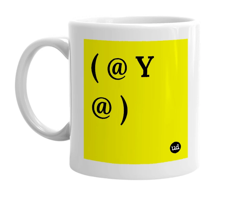 White mug with '( @ Y @ )' in bold black letters