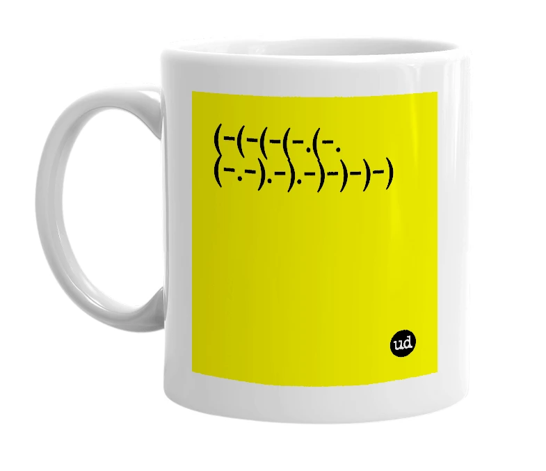 White mug with '(-(-(-(-.(-.(-.-).-).-)-)-)-)' in bold black letters