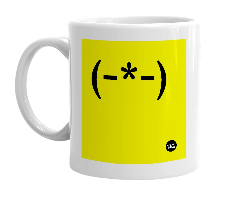 White mug with '(-*-)' in bold black letters