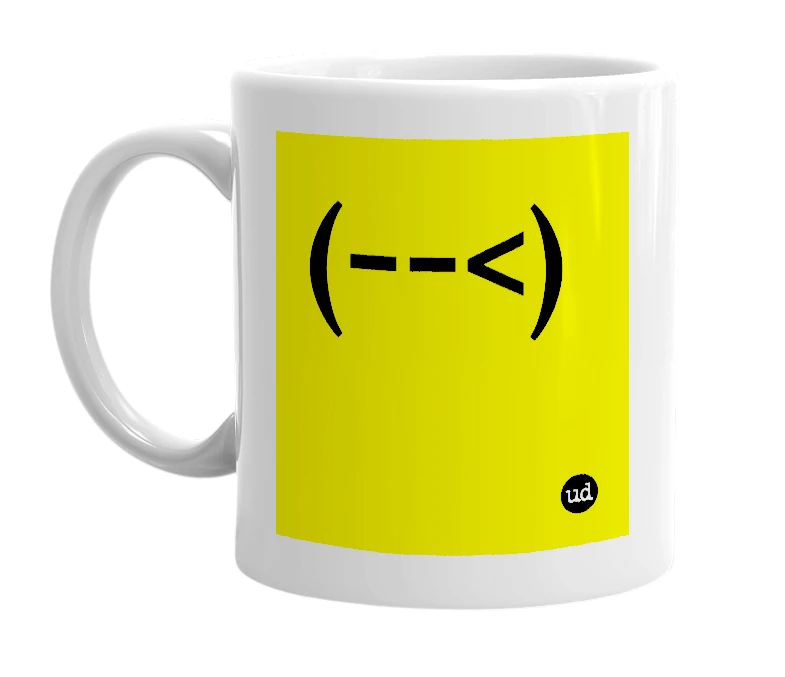 White mug with '(--<)' in bold black letters