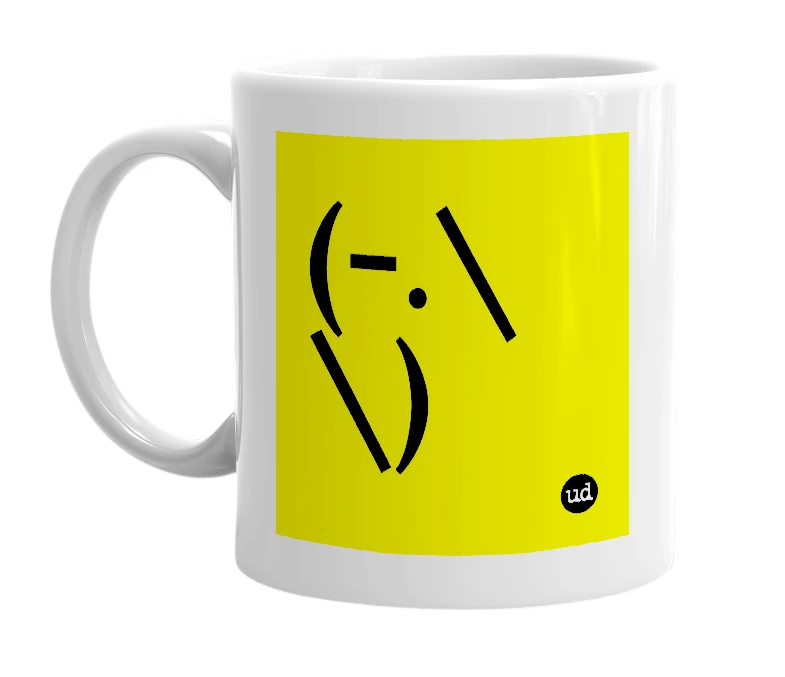 White mug with '(-.\\)' in bold black letters