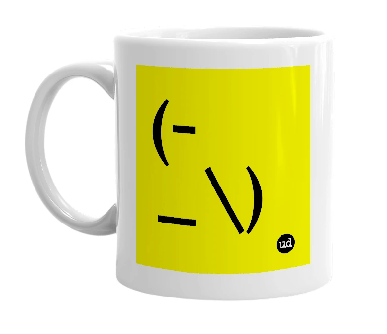 White mug with '(-_\)' in bold black letters