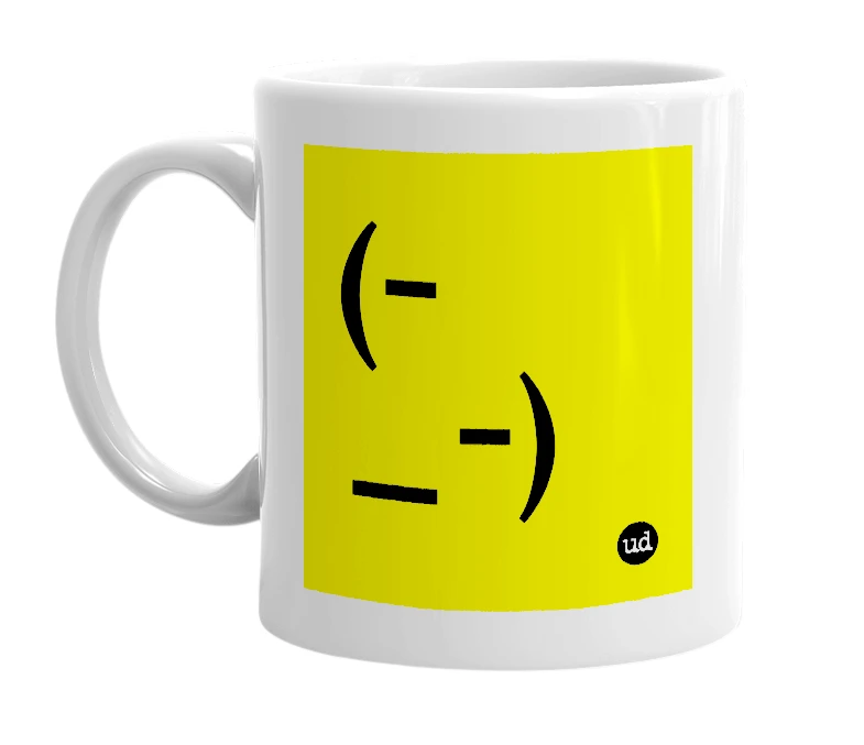 White mug with '(-_-)' in bold black letters