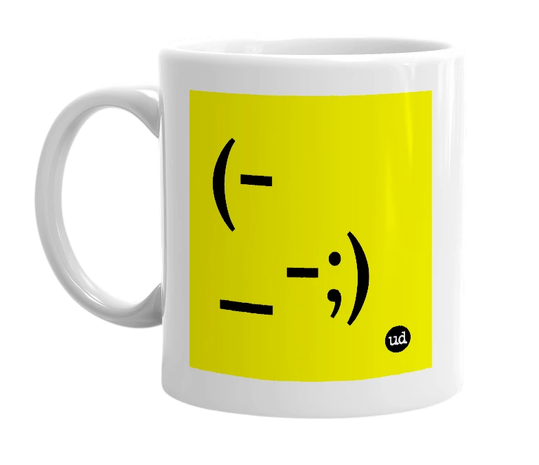 White mug with '(-_-;)' in bold black letters