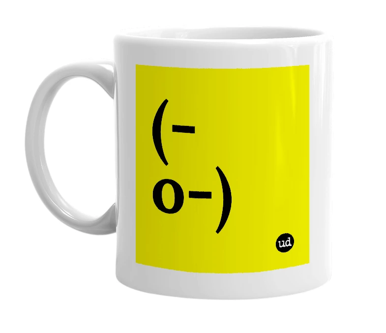 White mug with '(-o-)' in bold black letters