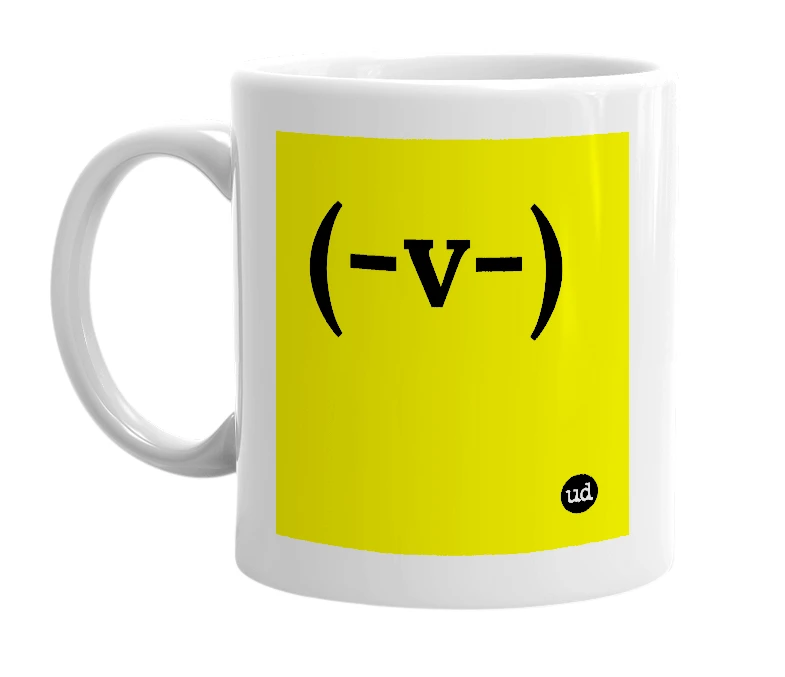 White mug with '(-v-)' in bold black letters