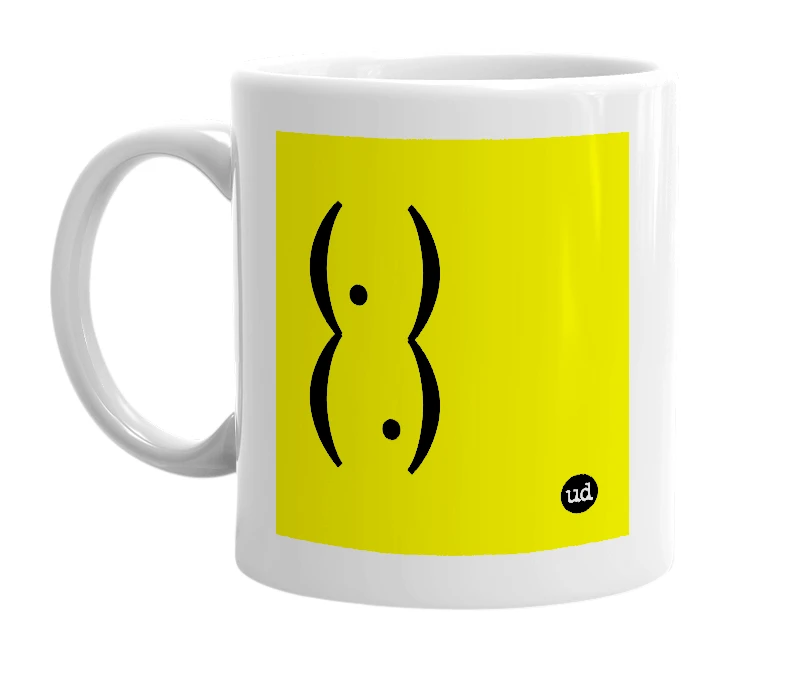 White mug with '(. )( .)' in bold black letters