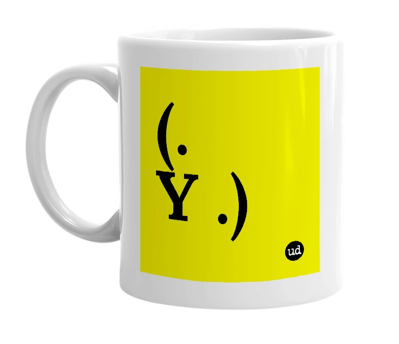White mug with '(. Y .)' in bold black letters