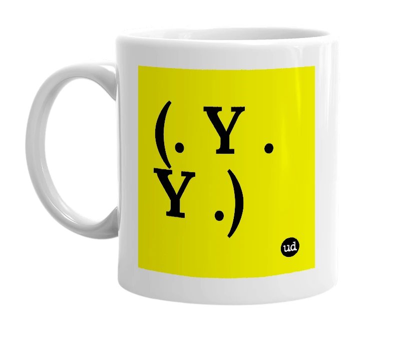 White mug with '(. Y . Y .)' in bold black letters