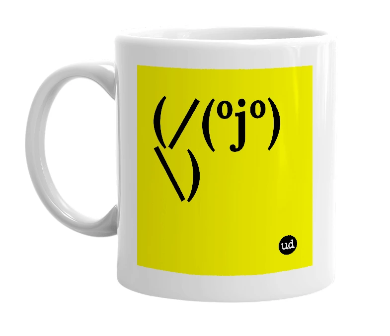 White mug with '(/(ºjº)\)' in bold black letters