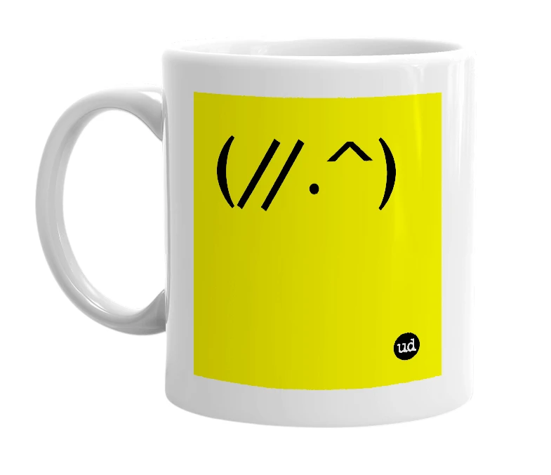 White mug with '(//.^)' in bold black letters