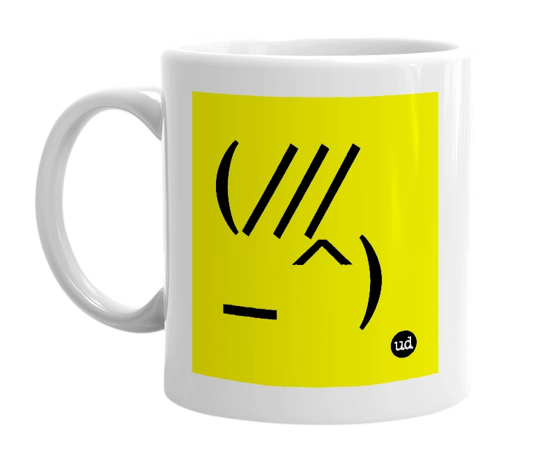 White mug with '(///_^)' in bold black letters