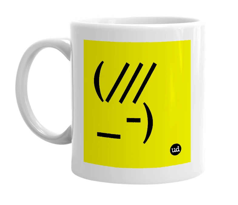 White mug with '(///_-)' in bold black letters