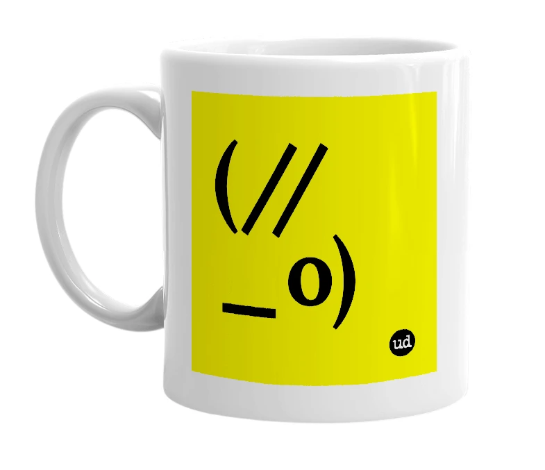 White mug with '(//_o)' in bold black letters