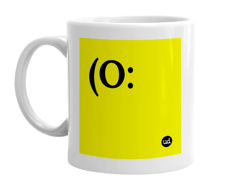 White mug with '(O:' in bold black letters