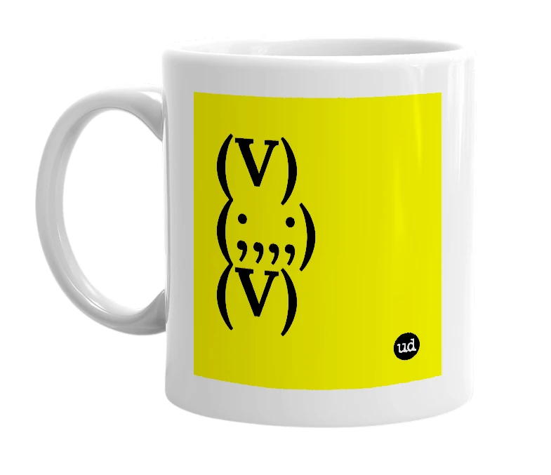 White mug with '(V)(;,,;)(V)' in bold black letters