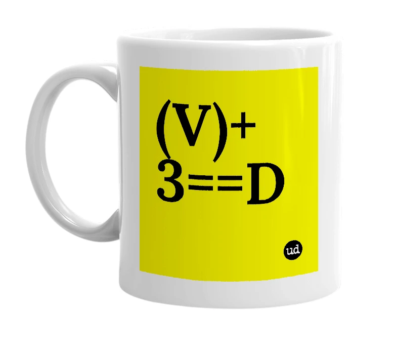 White mug with '(V)+ 3==D' in bold black letters