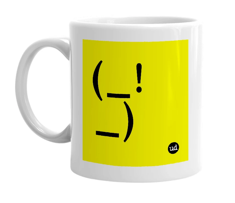 White mug with '(_!_)' in bold black letters