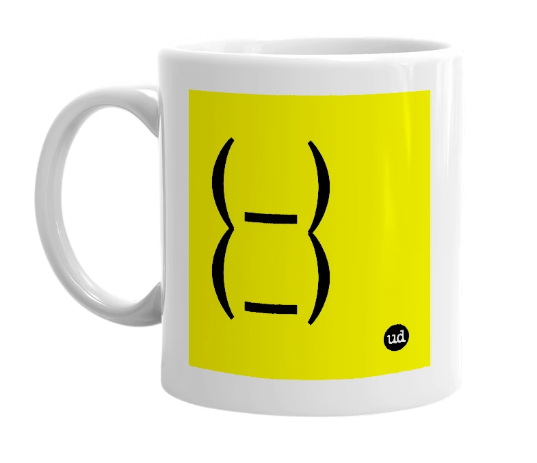 White mug with '(_)(_)' in bold black letters