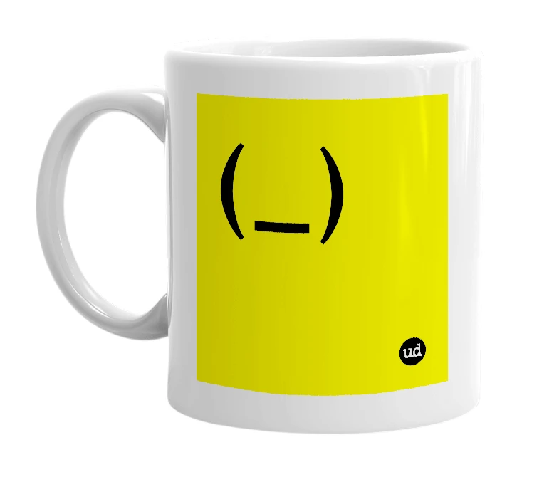 White mug with '(_)' in bold black letters