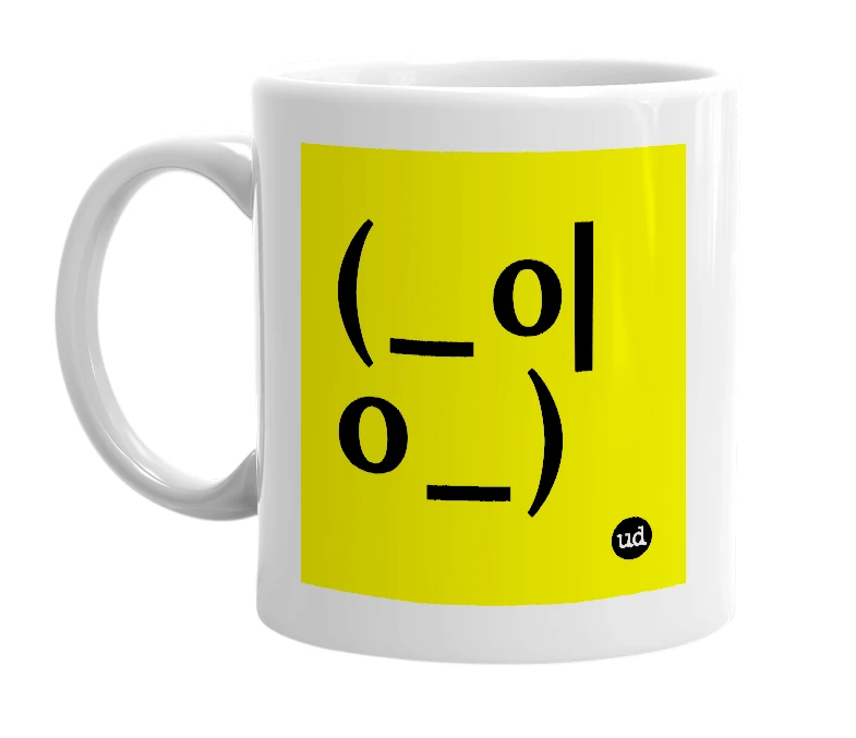 White mug with '(_o|o_)' in bold black letters