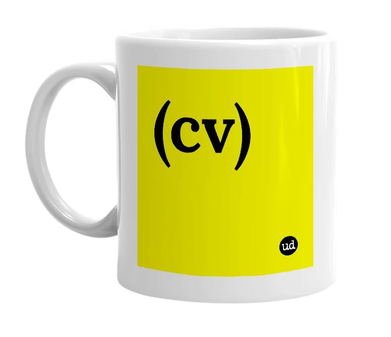 White mug with '(cv)' in bold black letters