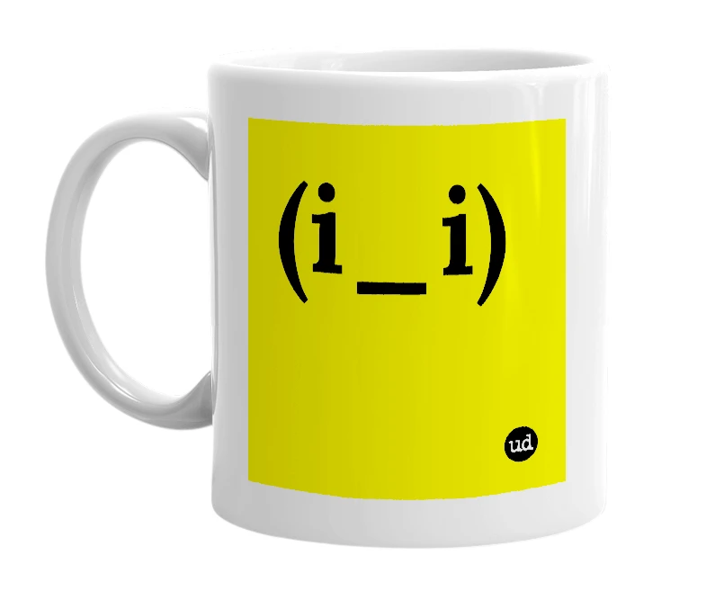 White mug with '(i_i)' in bold black letters