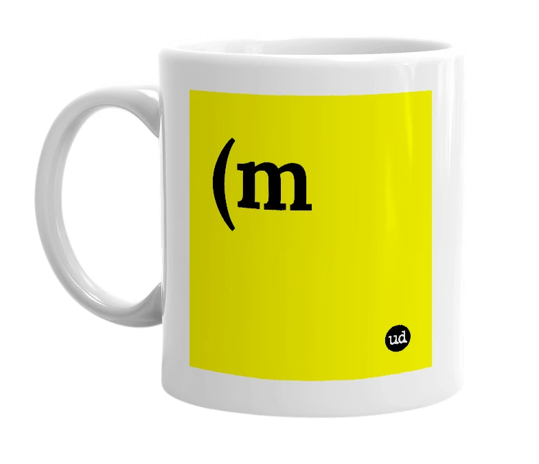 White mug with '(m' in bold black letters