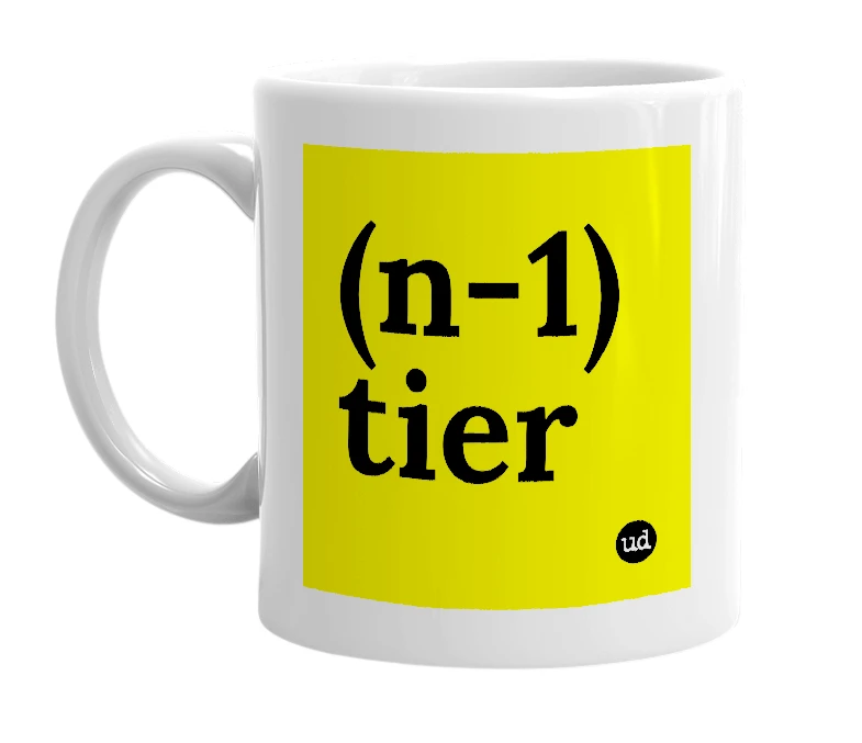 White mug with '(n-1) tier' in bold black letters