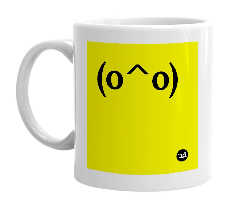White mug with '(o^o)' in bold black letters
